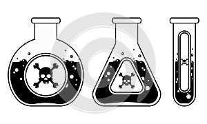 Chemical glass flasks of different forms with dangerous poison liquids. Label with skull and crossbones. Chemical weapon, acid